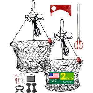 2Pack Double Ring Crab Trap with Bait Clip & Crab Gauge, 24" Top, 20" Bottom, Crabs Snare Fishing Net with Tarred Twine, Heavy Duty for Dungeness, Dock, Kayak, Pier and Shore Fishing