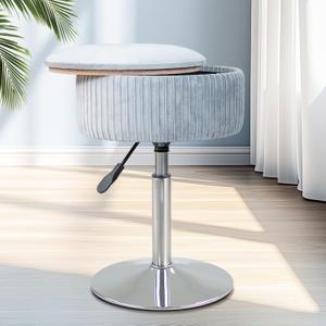 Adjustable Vanity Stool with Storage, 360 Swivel Vanity Chair, Velvet Small Round Ottoman Footrest for Bathroom, Makeup Room, Grey (Silver Base)