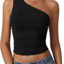 QINSEN Women's One Shoulder Tank Tops Double Lined Sleeveless Slim Fit Cropped Tee Shirt Y2k Tops (Medium, Black)
