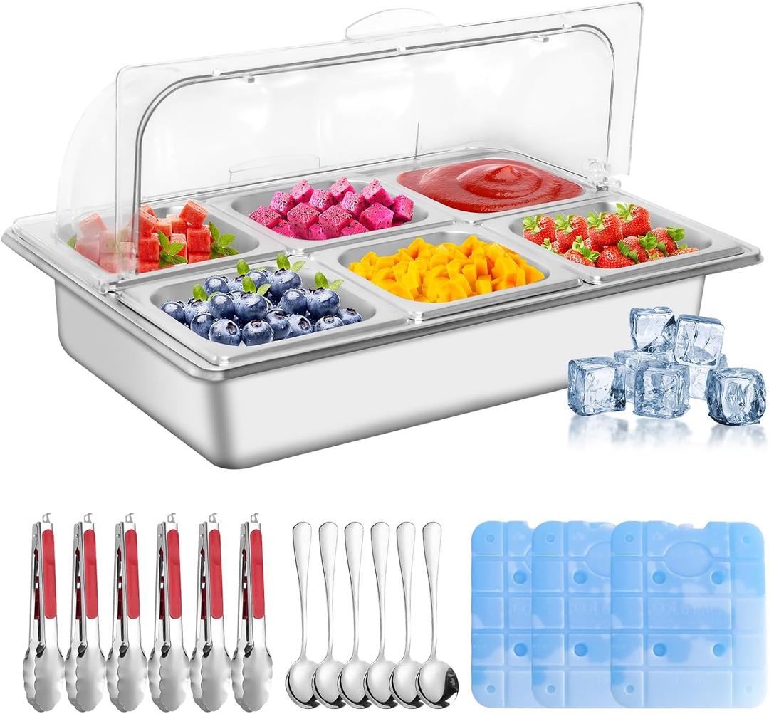 Countertop Ice Food Serving Display Tray with 6 Pan, Portable Salad Bar Buffet Station for Home, Cold Food Buffet Server, Stainless Steel Pizza Topping Station with Clear Roll Top Cover, 3 Ice Packs