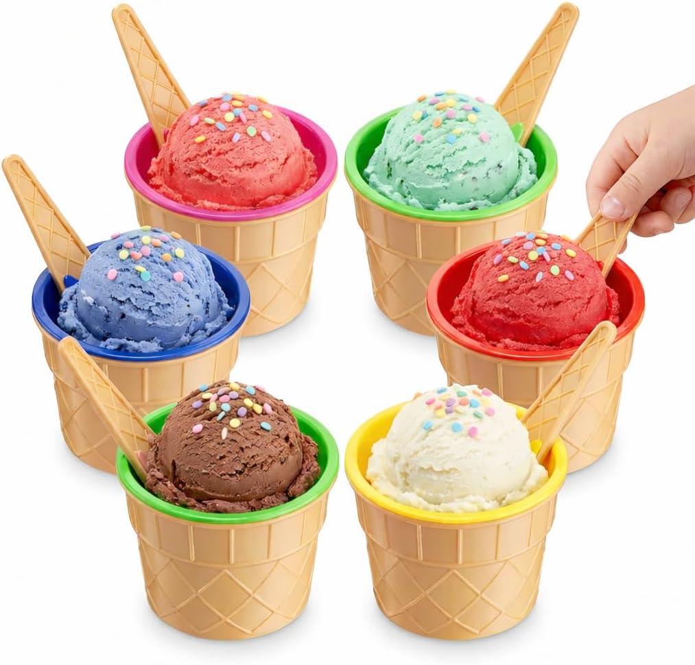 JoyServe Ice Cream Bowls and Spoons Set - (Pack of 6) Reusable Plastic Ice Cream Cups and Waffle Cone Shaped Spoons for Dessert, Frozen Yogurt, Gelato, Birthday Party Decorations