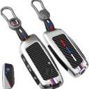 1Pcs Heavy Zinc Alloy Key Fob Cover for BMW 2023-2025, Full Protection Remote Keychain with Carbon Fiber Pattern Compatible with BMW New 5/7 Series X1 X5 x6 x7 XM IX IX3 I5 I7 740i 760i(Silver-CF)