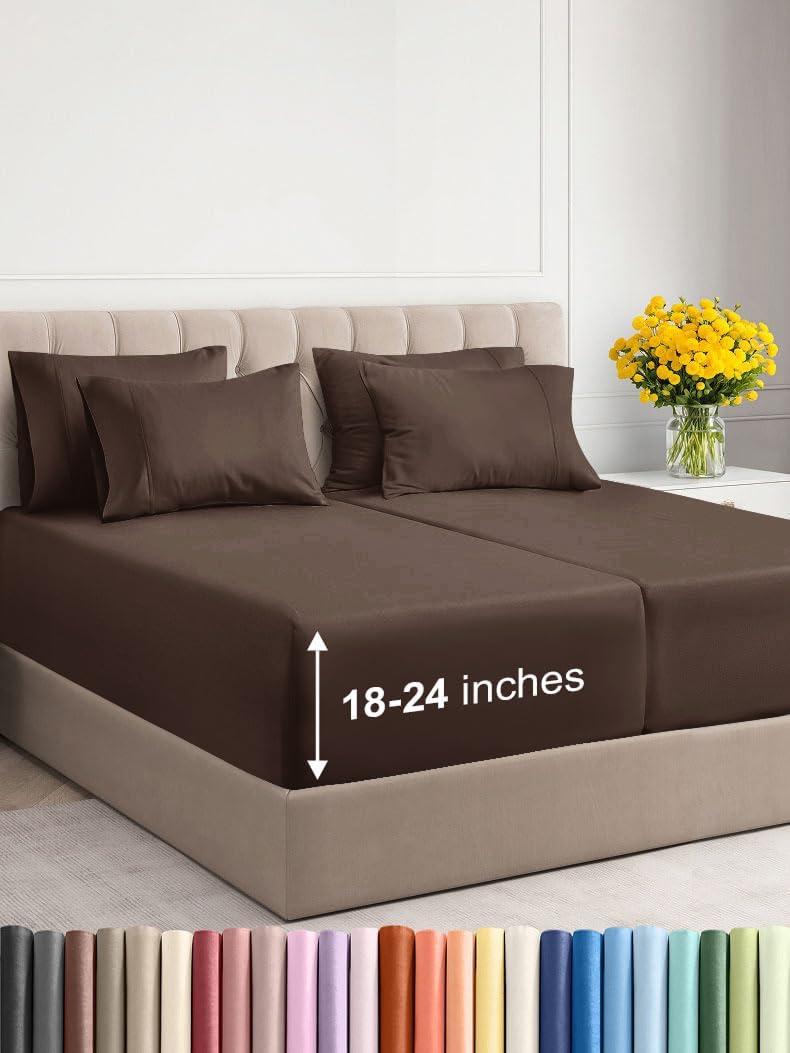Extra Deep Split King Sheet Set - 7 Piece Breathable & Cooling Sheets - Hotel Luxury Bedding Set w/18-24 Inch Extra Deep Pockets - Easy Fit - Super Soft, Wrinkle Free & Comfy - Brown, Split King Size