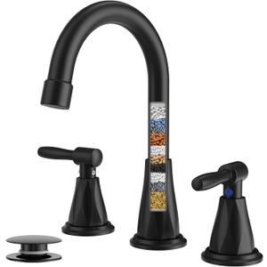 Bathroom Faucets with Filter, Widespread Black Bathroom Sink Faucet for 3 Holes with Pop-up Drain Assembly, Two Handle Vanity Faucet (Contemporary)