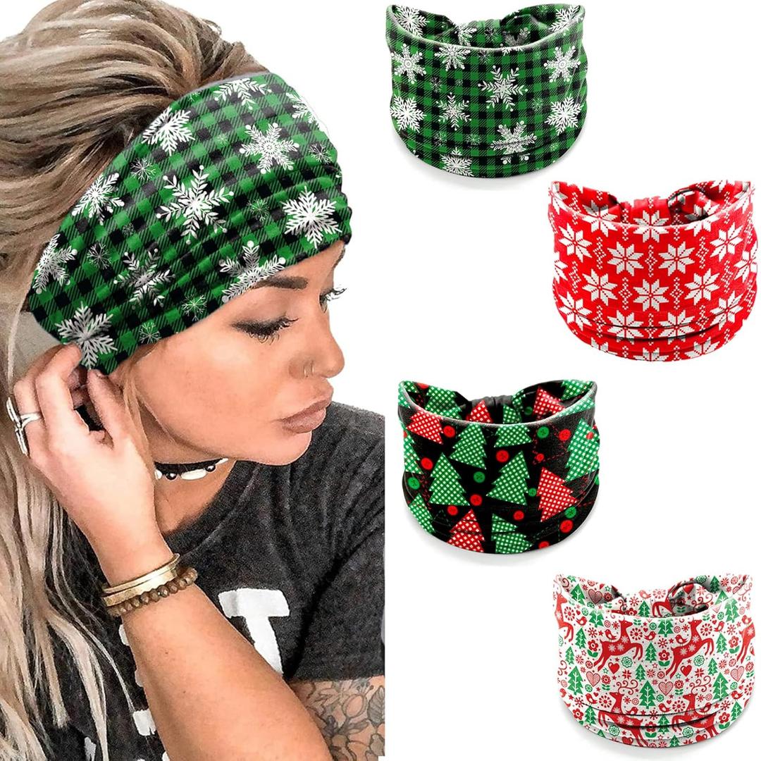 winthrop Christmas Headbands for Women Girls  4 Pack Elastic Hair Bands with Red Snowflake, Green Plaid Snowflake, Reindeer & Festive Tree Prints, Holiday Winter Accessories for Party and Daily Wear