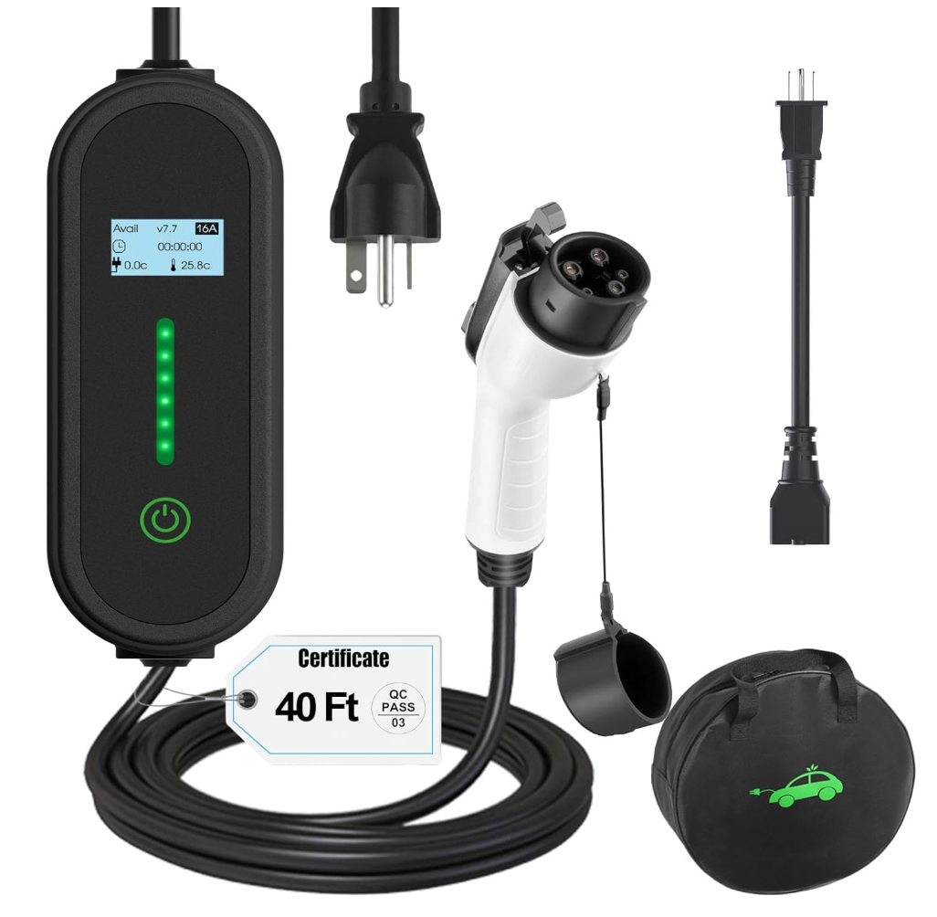 ENERGYGENIE 40Ft Cord EV Charger, 16Amp 110V/240V Portable Level 1 Level 2 Electric Vehicle Charging Station with NEMA 620 Plug & NEMA 515 Adapter for J1772 Electric Cars