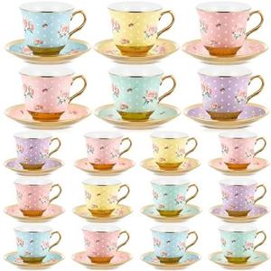 Teenyyou Set of 18 Tea Cups and Saucers Tea Party Decorations Floral Porcelain 5.4 oz British Gift for Women Birthday Party, Church, and Mother's Day (Vintage Style)