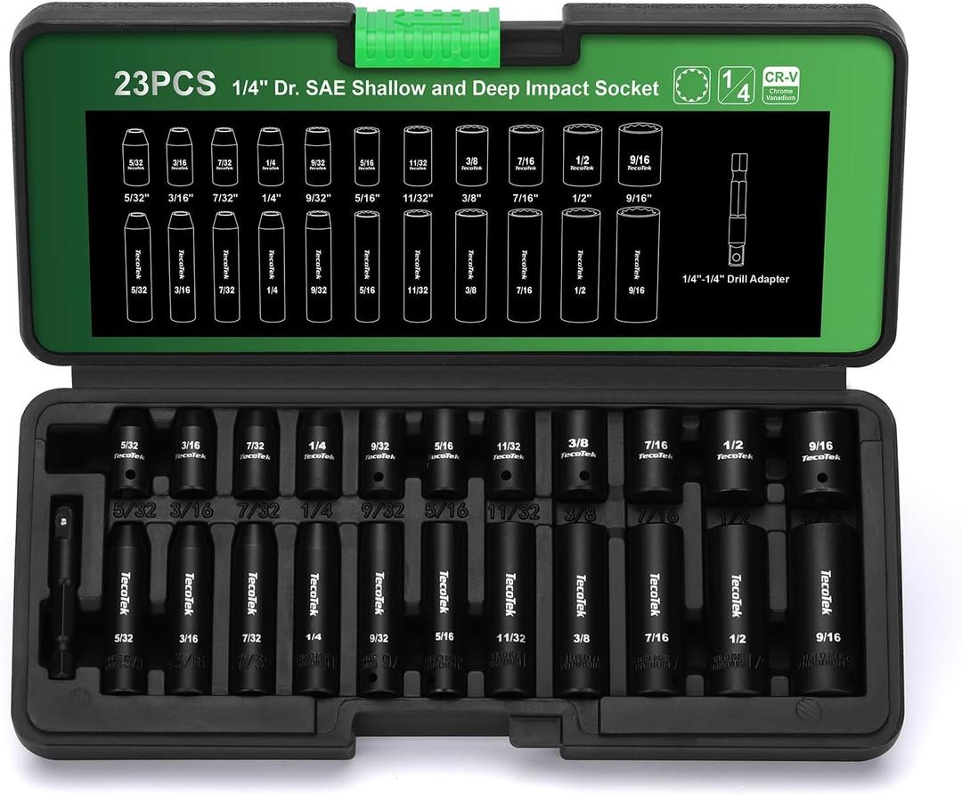 23 Pieces 1/4-Inch Drive Shallow and Deep 12-Point Impact Socket Set, CR-V, 5/32 to 9/16 in, SAE, 1/4"-1/4" Drill Adapter