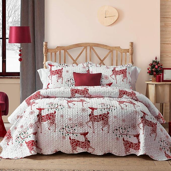Hansleep Christmas Quilt King Size with Red Reindeer Print, 3 Piece Reversible Quilt Sets Lightweight Bedspread Bed Decor Coverlet Set for All Season