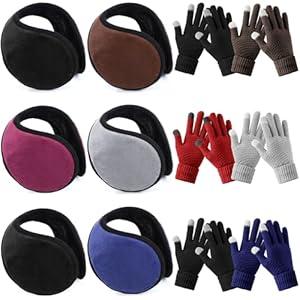 Liitrsh 12 Pcs Winter Unisex Fleece Earmuffs and Touch Screen Gloves Set Foldable Earmuffs Winter Outdoor Ear Muffs Ear Warmers and Knitted Gloves for Cold Weather
