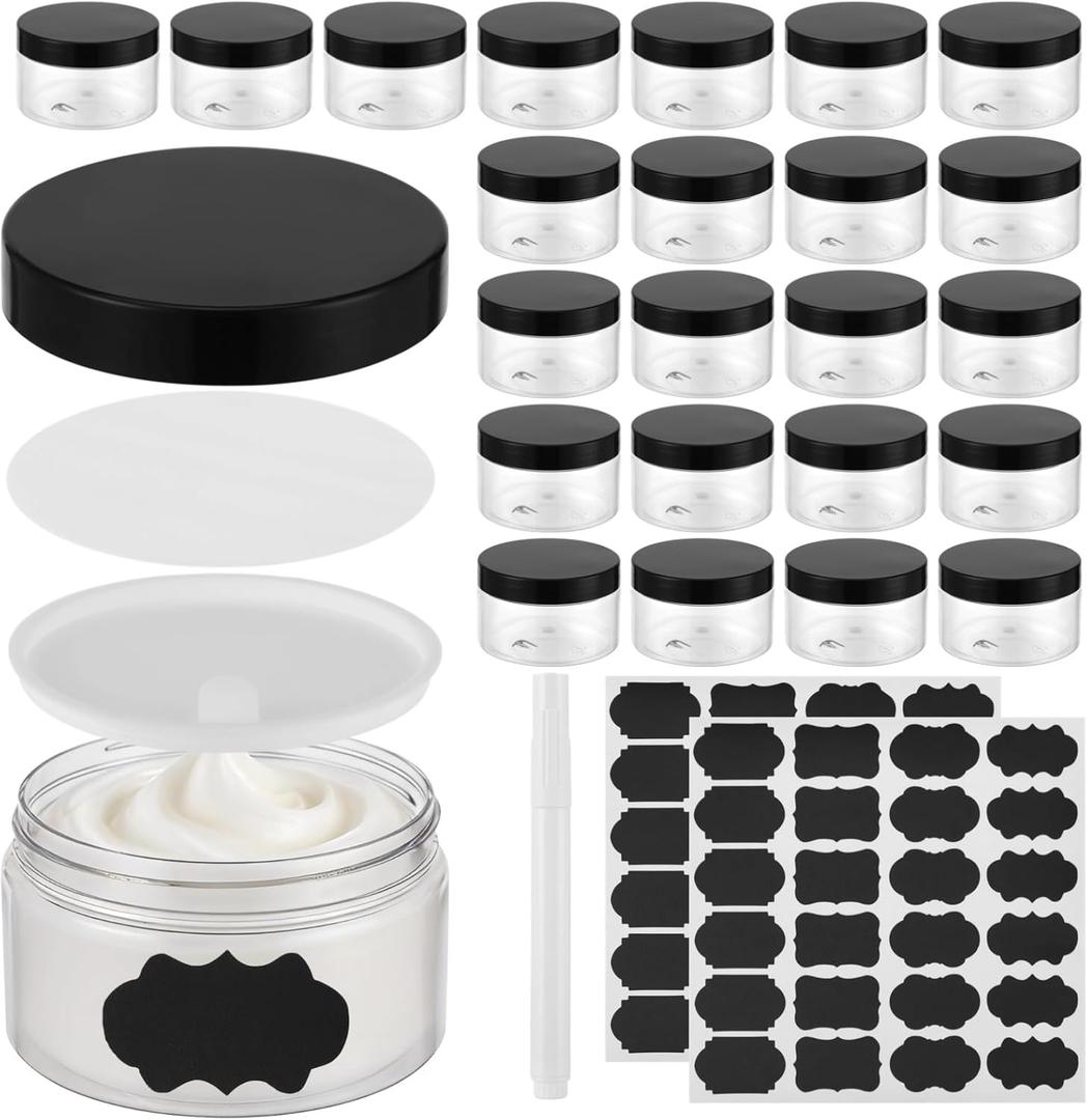 30 PCS 8 oz Plastic Containers with Lids - Refillable Body Butter Jars with Leakproof Gasket & Inner Pull Tab, Empty Round Sample Lotion Container for Cream Lotion Body Butter Makeup, BlackClear