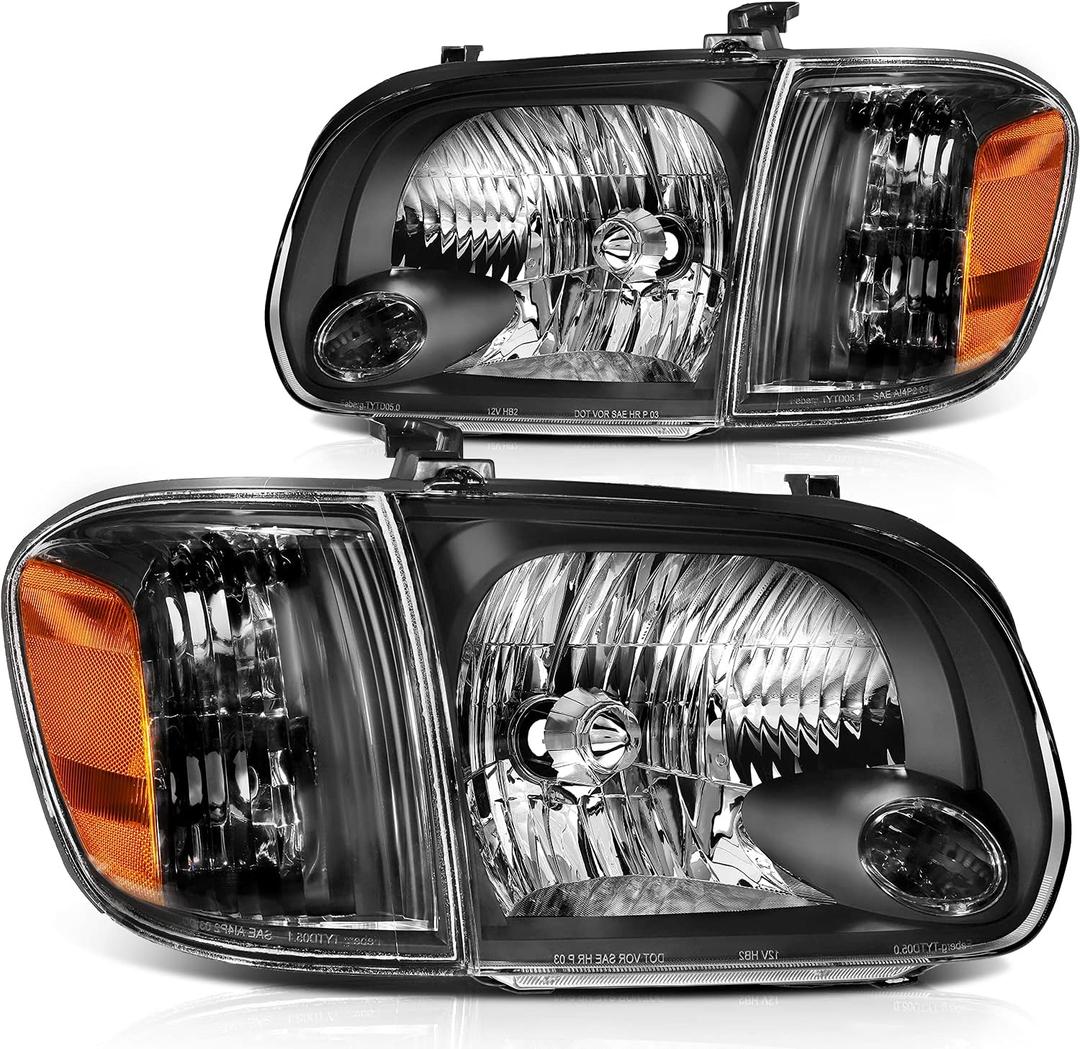 Headlight Assembly for Toyota Sequoia 2005-2007 for Toyota Tundra 2005-2006 Black Housing Amber Reflector Clear Lens Driver and Passenger Side Headlamp(Double Cab 4 Door Only)