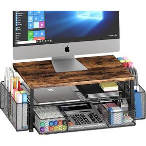 OPNICE Wood Desk Organizers and Accessories, 2-Tier Computer Monitor Stand Riser with Drawer and 2 Pen Holders, Laptop Stand, Office Desk Accessories for Office Supplies, Brown