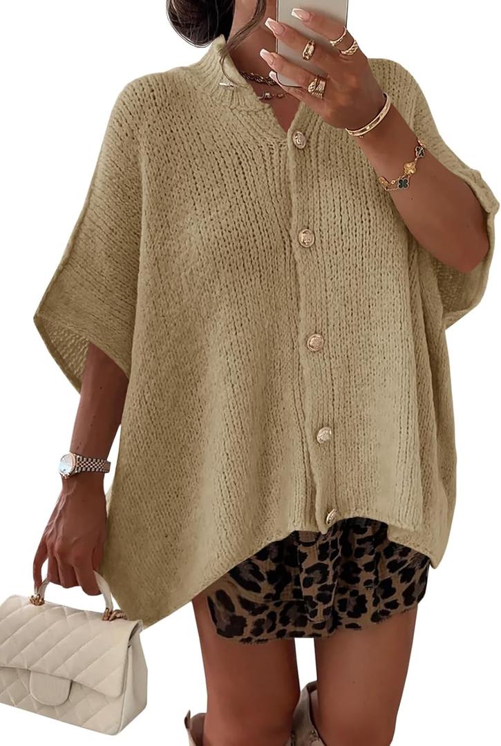 Saodimallsu Womens Oversized Cardigan Sweaters Short Sleeve Button Down Casual Lightweight Loose Knit Trendy Cardigans (Beige)