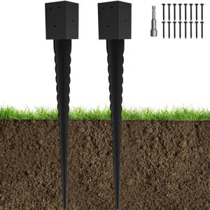 2 Pcs 4"x4" Fence Post Anchor Ground Spike 32"(Actual 3.6"x3.6") Heavy Duty Metal Fence Post Anchor with Black Powder-Coated for Deck, Fence, Porch, Railing, Mailbox