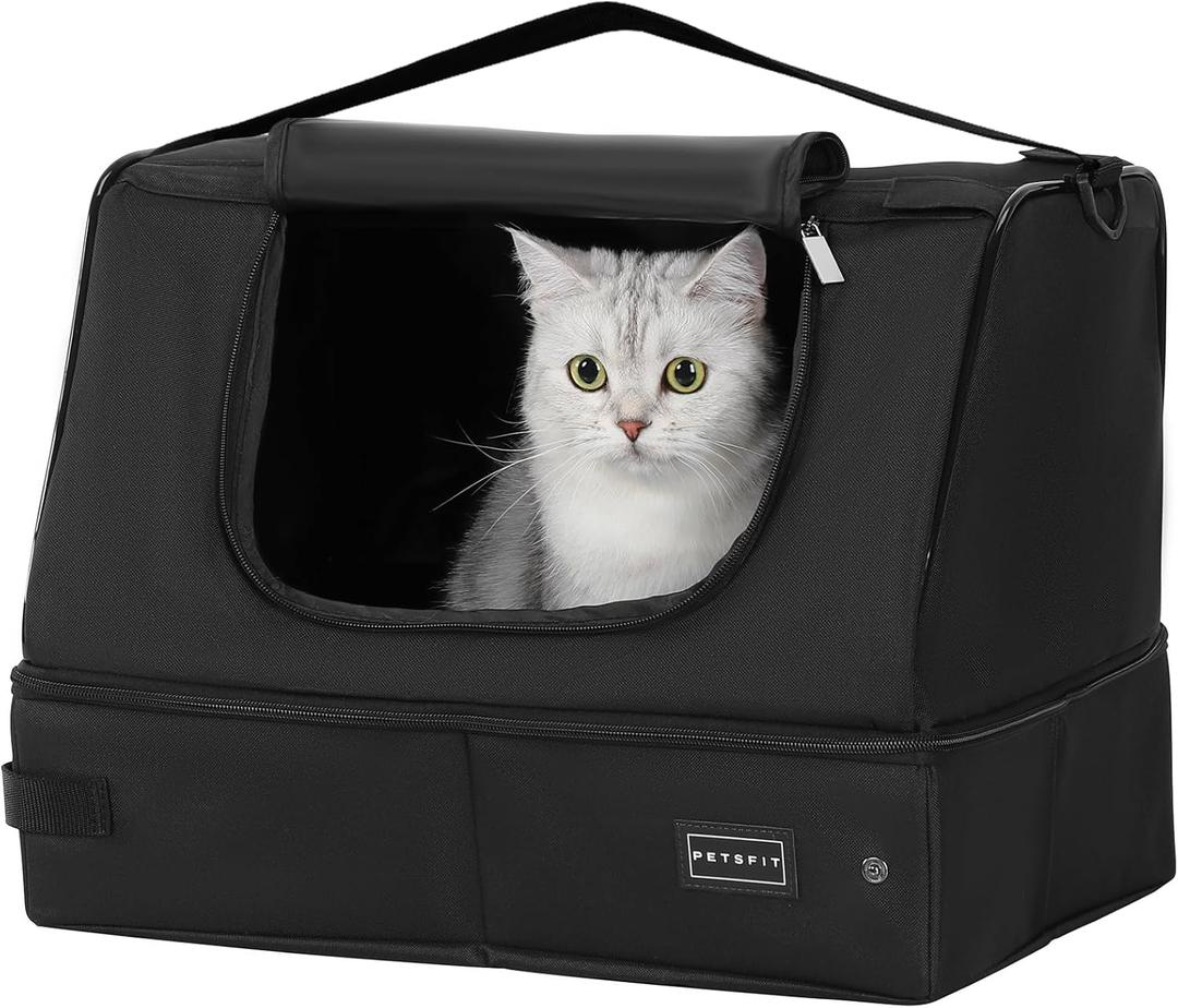 PETSFIT Portable Cat Litter Box - Removable 2-Layer Leak-Proof Lining, Scratch-Resistant Fabric with Sturdy Support Frame, Travel & Collapsible Cat Litter Box Black (17"Lx13"Wx13"H)