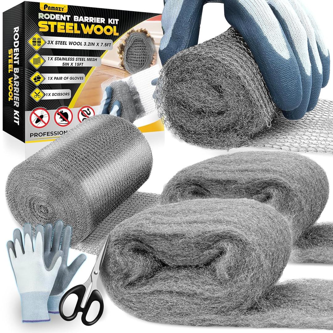 [Upgrade 2in1] Match of Steel Wool & Wire Mesh Fill Hole Fabric for Mice Control, 3PCS 3.2"x7.5FT Wool & 5"x15FT Stainless Mesh Gap Filler with Gloves & Scissors for Pipeline Vent Siding House Garage