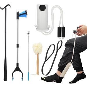 6PC Hip Replacement Recovery Kit, Includes Sock Aid, Long Handle Shoe Horn, Grabber Reacher, Telescoping Back Scratcher, Leg Lifter, Long Handled Bath Sponge, Aids for Postoperative Recovery