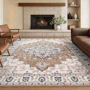 Rugflix 8x10 Area Rug for Living Room, Vintage Washable Area Rug Non Slip Backing Low Pile, Floral Soft Foldable Carpet for Bedroom Dining Room, Brown/Beige
