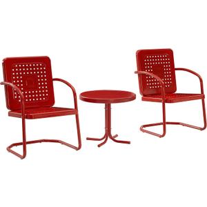 Crosley Furniture Bates 3-Piece Outdoor Chair and Side Table Set, Retro Metal Bistro Patio Conversation Sets, Bright Red Gloss