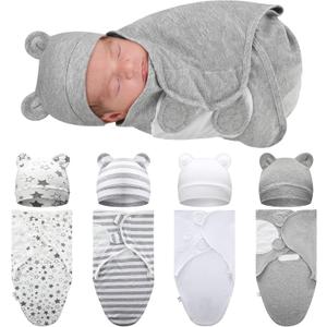 Buryeah 4 Pack Preemie Swaddle Blanket Wrap Set with Hat for Baby Boys Girls 3-7 Lbs Preemie Newborn Clothes Sleepers Cap, Medium, Star, Gray