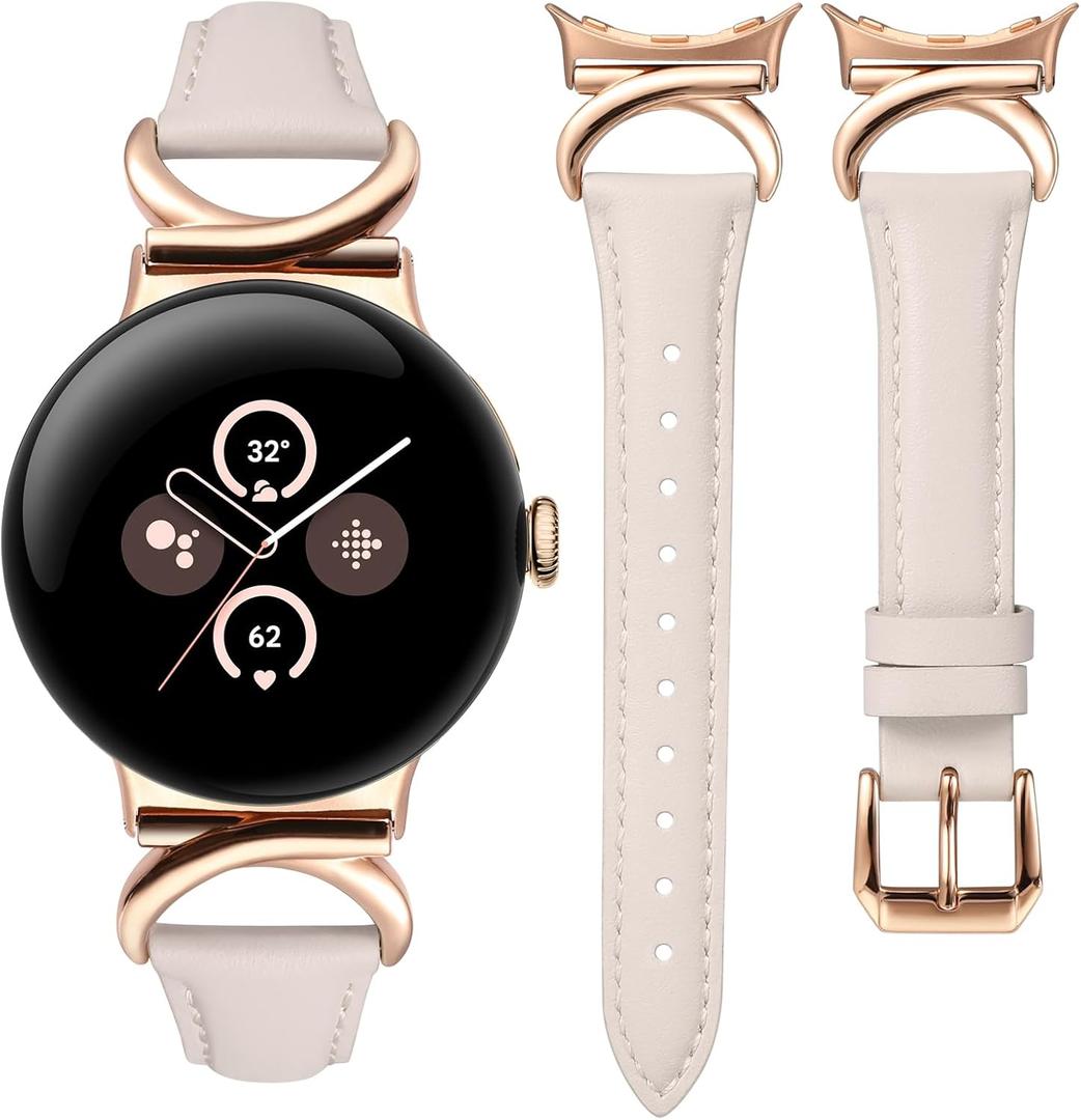Minyee Leather Band Compatible with Google Pixel Watch 4/3 41mm/Pixel Watch 2/1 Bands Women,Slim Thin Dressy Designer Premium Leather Strap with C-Shape Metal Buckle for Google Smartwatch Accessories (Starlight/Rose Gold)