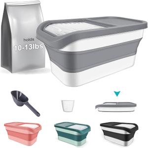Pet Food Storage Containers, Collapsible Cat Food Container with Transparent Sliding Lid,10-13 lb Plastic Dog Food Bin with Measuring Cup and Dog Food Scoop