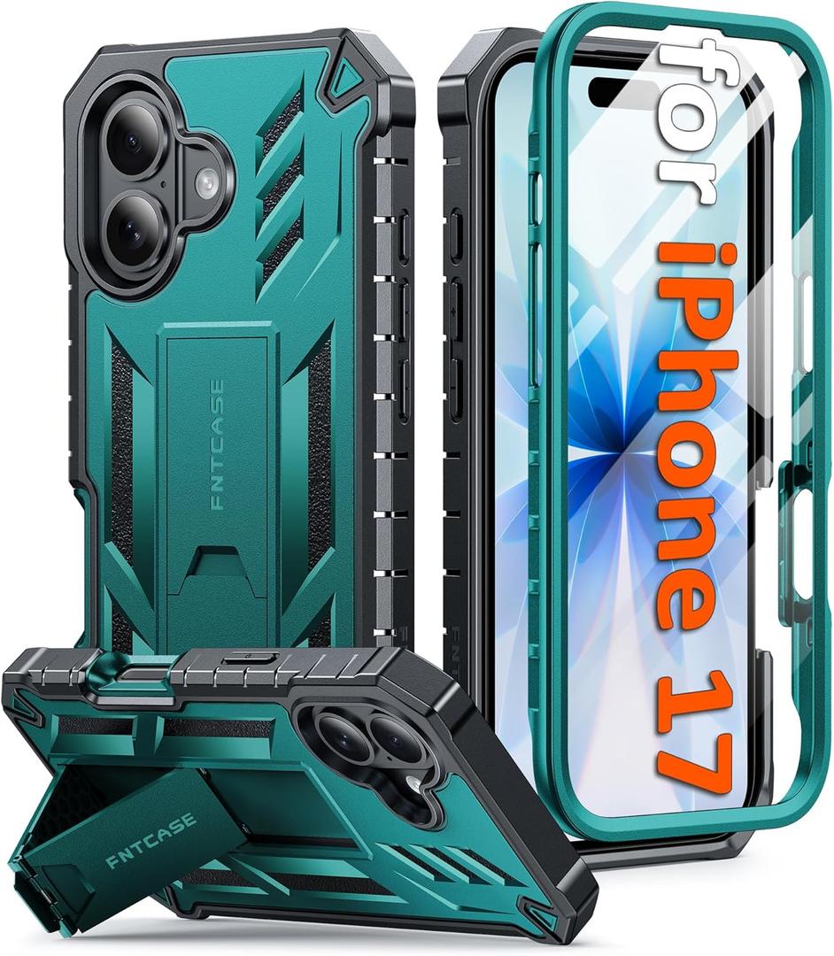 FNTCASE for iPhone 17 Phone Case: Military Grade Drop Proof Protection Mobile Cover with Kickstand | Matte Textured Rugged Shockproof TPU | Protective Sturdy Phone Case - 6.3 inch Green