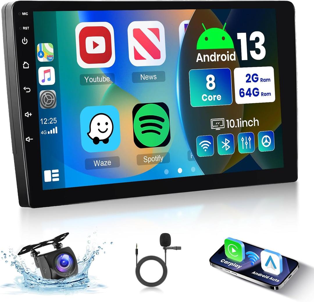 [8 CORE 2G+64G] Android 13 Double Din Car Radio Wireless Carpla Android Auto, 10.1" IPS HD Touchscreen Car Stereo with Bluetooth GPS WiFi FM/RDS 32EQ Mirror Link DSP SWC Backup Camera