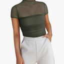 REORIA Women's Sexy Mock Turtle Neck Short Sleeve Shirts Sheer Mesh Ruched Trendy Going Out Bodysuits Tops Size M
