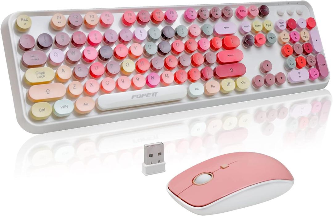 FOPETT Wireless Keyboard and Mouse Sets,Reliable 2.4 GHz Connectivity for PC, Laptop, Smart TV and More (White Colorful)