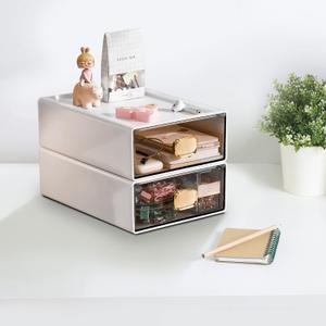 2 PACK Stackable Desk Organizer Stackable Storage Drawer Small Desk Organizer with Drawer Plastic Desktop Storage Organizer for Home, Office, Crafts, Pencils (White, M-1 Drawer, Pack of 2)