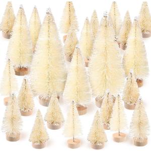 SATINIOR 60 Pieces Artificial Mini Christmas Tree Sisal Snow Trees Bottle Brush Christmas Trees Pine Trees Ornaments with Wooden Base for Christmas Party Home Decoration (4 Sizes, White) (1.8/ 2.6/ 3.4/ 4.9 Inch)