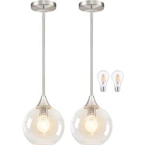 8" Clear Glass Modern Pendant Light Kitchen Island 2PK Mid Century Brushed Nickel Modern Pendant Lighting with Glass Globe Modern Hanging Pendant Light for Dining Room Foyer（Bulb Incl.