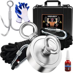 VNDUEEY 1000 LBS Fishing Magnet Kit, Magnet Fshing Kit-Includes Grappling Hook, Heavy Duty 65FT Rope, Gloves & Locking Carabiner - 2.95inch Diameter