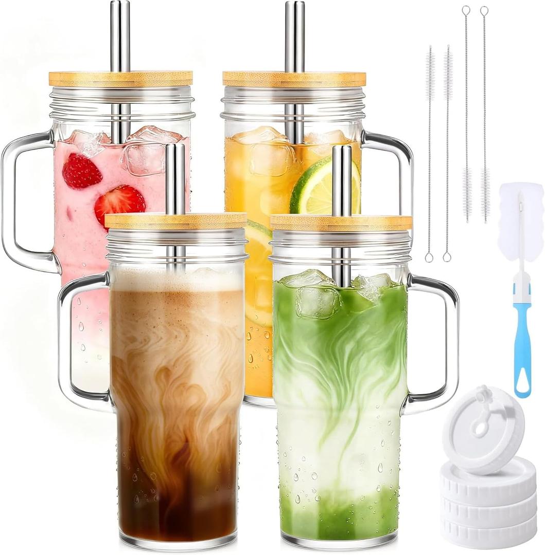 Birity Glass Cups with Lids and Straws,24oz Glass Tumbler With Handle,4 Pack Reusable Iced Coffee Cup with Lids-Mason Jar with Lid and Straw,Boba Cup for Cold & Hot Drinks,Smoothies Cup,Travel Mug