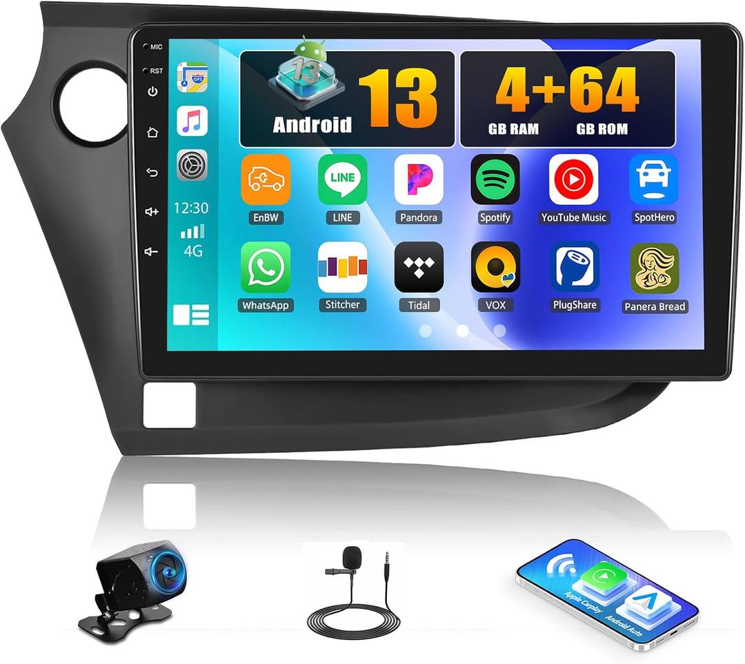 [4+64G] Android 13 Car Stereo for Honda Insight 2009-2014 with Wireless Carplay&Android Auto,9 Inch Car Radio with Mirror Link Bluetooth FM/RDS WiFi GPS EQ DSP SWC+Backup Camera