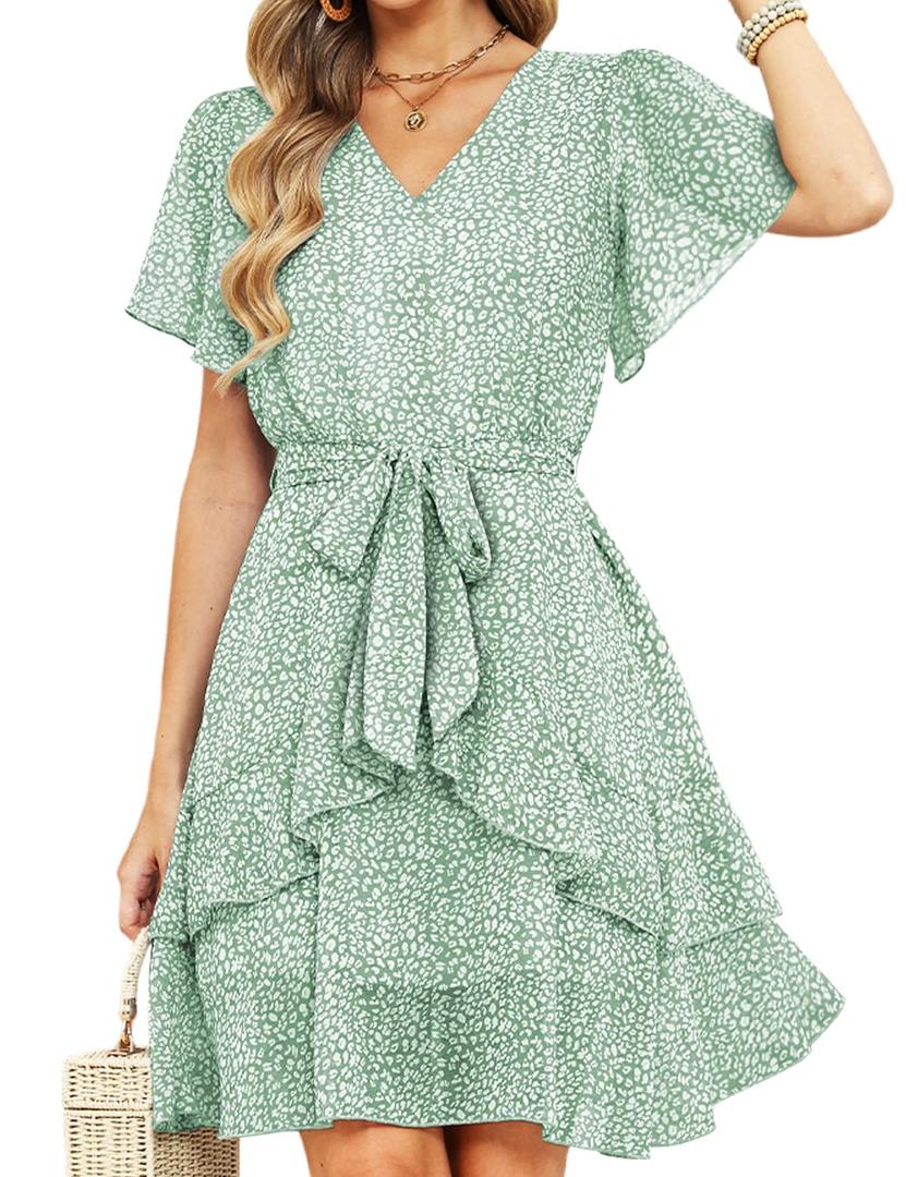 CiCiBird Womens Summer Dresses V Neck Ruffle Short Sleeve Flowy Beach Vacation Wedding Guest Dress Green Floral S (Green)