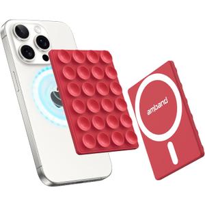 amBand Magnetic Sticky Phone Suction Grip for MagSafe, Removable for Wireless Charging, Durable Magnet Silicone Portable Mount Stand for iPhone 12 13 14 15 16 17, Hands-Free Video/Selfie, Cherry Red