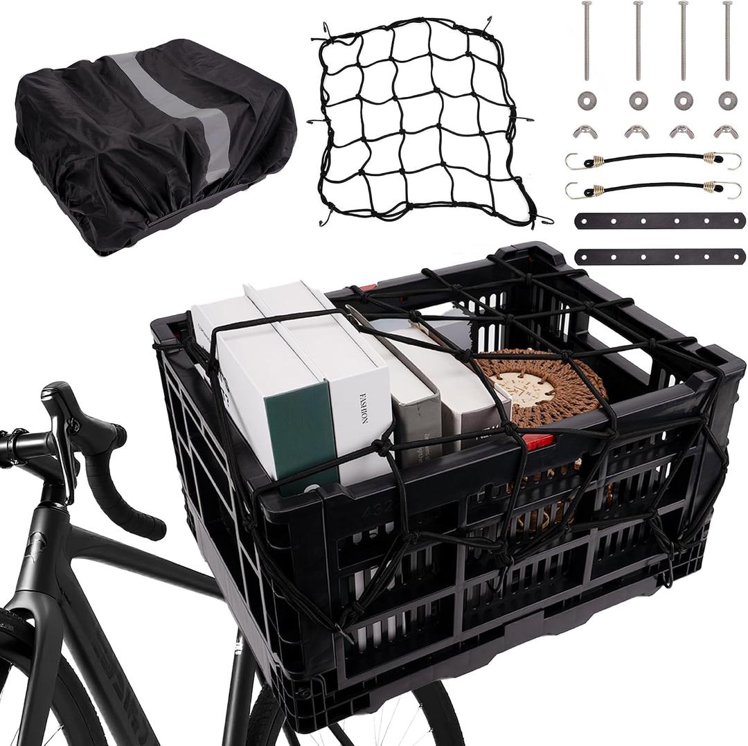 Bike Basket Rear Folding Large Capacity Bicycle Storage Basket with Waterproof Cover, Collapsible Bike Milk Crate for Shopping, Outings, and Pet Transport, Great for E-Bikes, Black
