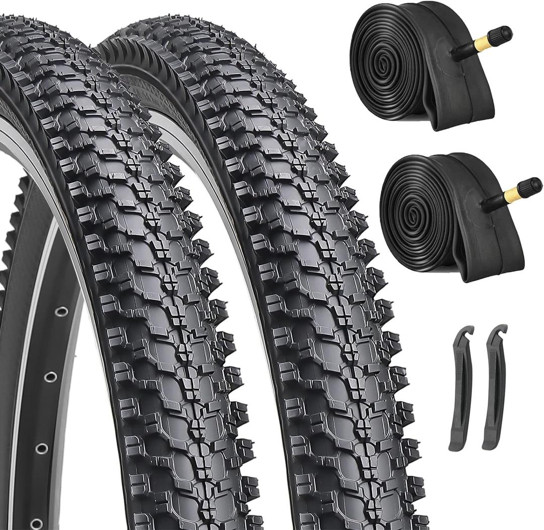 24-inch Mountain Bike Tires Set: Hycline 2-Pack 24x1.95 inch (54-507mm) Folding Replacement Puncture-Resistant Bicycle Tires and Pair 24-inch Inner Tubes with Tire Levers for MTB Off-Road Bike