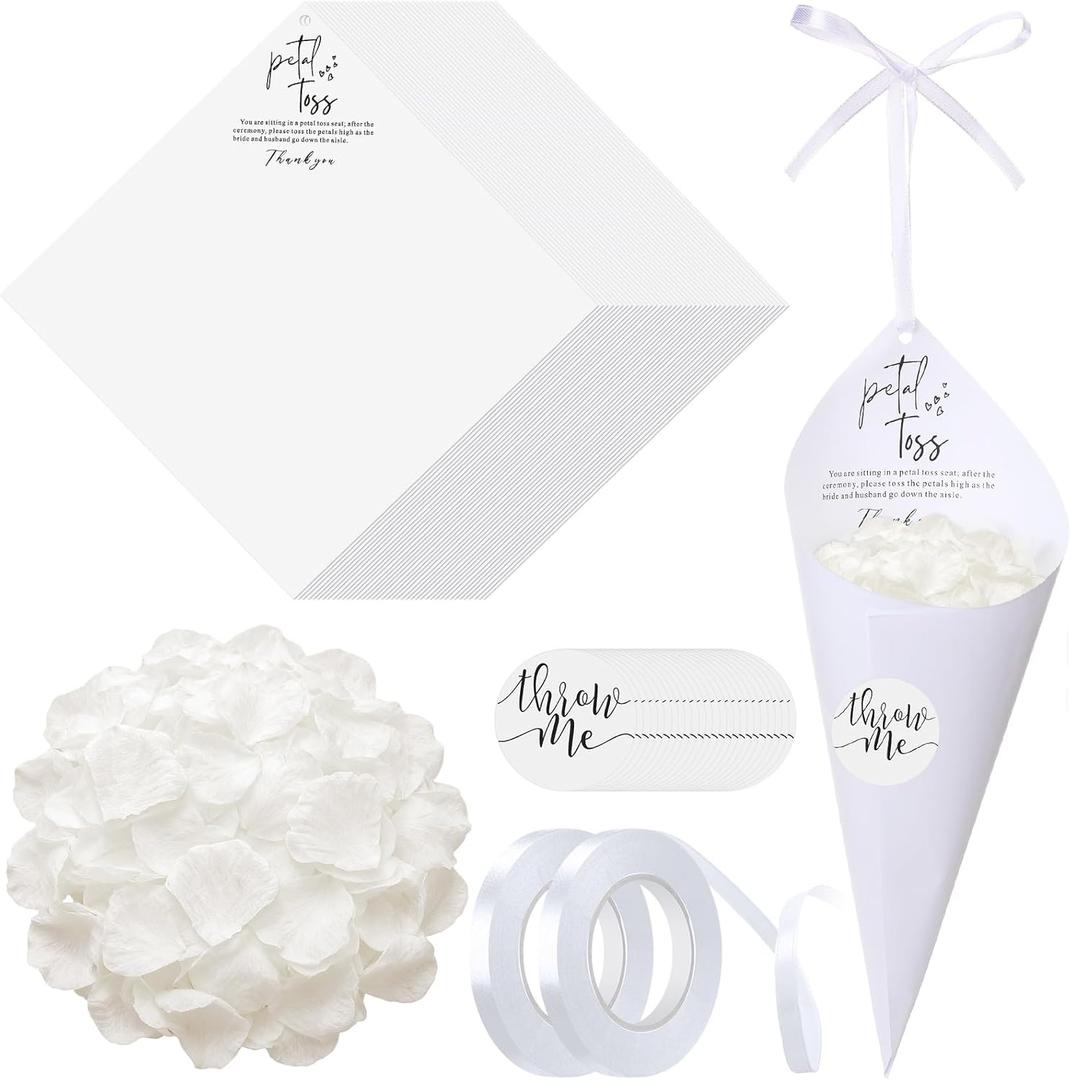 Wedding Petal Cones Kit 50 Sheets Cardstock 2000 Cream Fake Petals 50 'throw Me' Stickers 2 Rolls White Ribbon for Bridal Shower Wedding Favor Celebration Toss