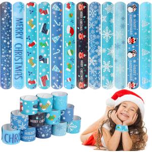 CCINEE 48Pcs Christmas Slap BraceletsXmas Snowflake Slap Wristbands Assorted Christmas Theme Pattern Snap Wristbands for Kids Xmas Frozen Party Favors Gift Bag Filler