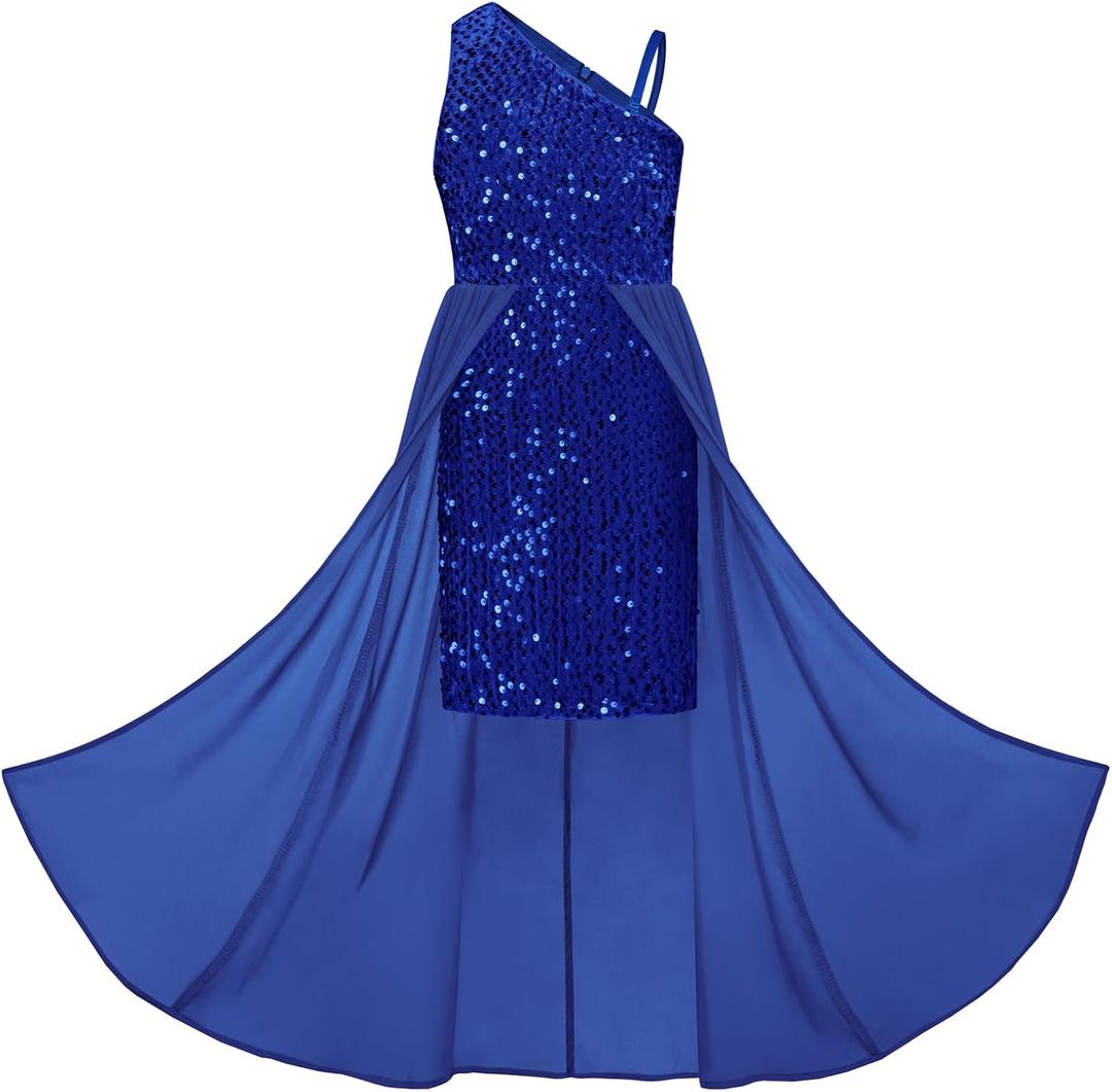 GRACE KARIN Girls Sequin Dress One Sleeve Formal Pageant Prom Party Special Occasion Dresses Size 5-14 (Blue, L)