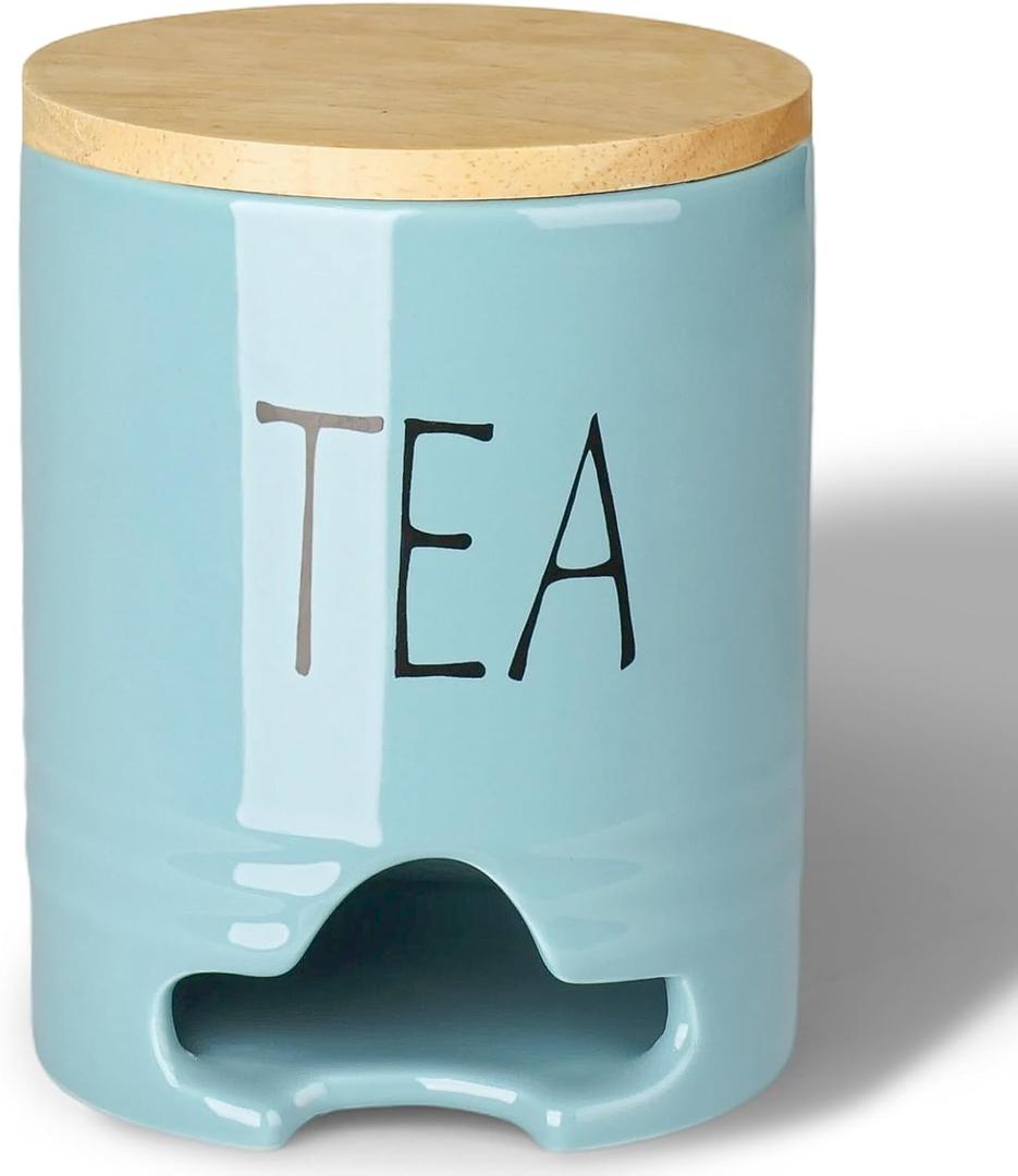 Ceramic Tea Bag Holder with Wood Lid, Farmhouse Tea Bag Dispenser for Countertop, Tea Organizer Storage Container with Bottom Opening (Turquoise)