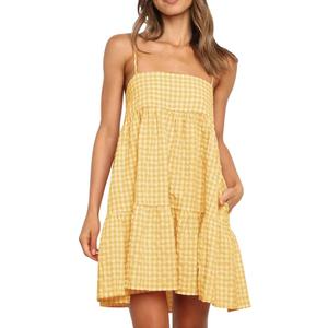 Womens Plaid A-line Dresses Shoulder Straps Ruffle Hem Casual Mini Dress with Side Pocket (Yellow, M)