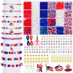 Goldwise 1578 Pcs 4th of July Red White Blue Beads Bracelet Making Kit with Clay Seed Plastic Pony Pearl Beads, Patriotic USA Flag Star Beads, Metal Charms Earrings for Jewelry Making