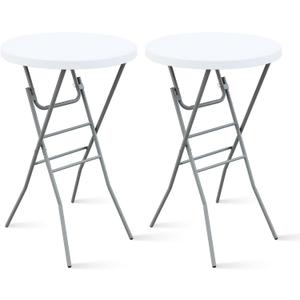 28 Round Folding Bar Table, High Top Cocktail Table with Locking Mechanism, HDPE Waterproof Stain-Resistant Top, Indoor Outdoor Patio Garden Party, White, 2 PCS