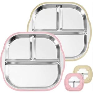 Stainless Steel Kids Plates with Suction, 9.4"X 9” Divided Baby Toddler Plates with Removable Silicone Sleeves, Non-Slip Toddler Plate Unbreakable Metal Toddler Bowls Dinnerware Set of 2 (Pink, Beige)