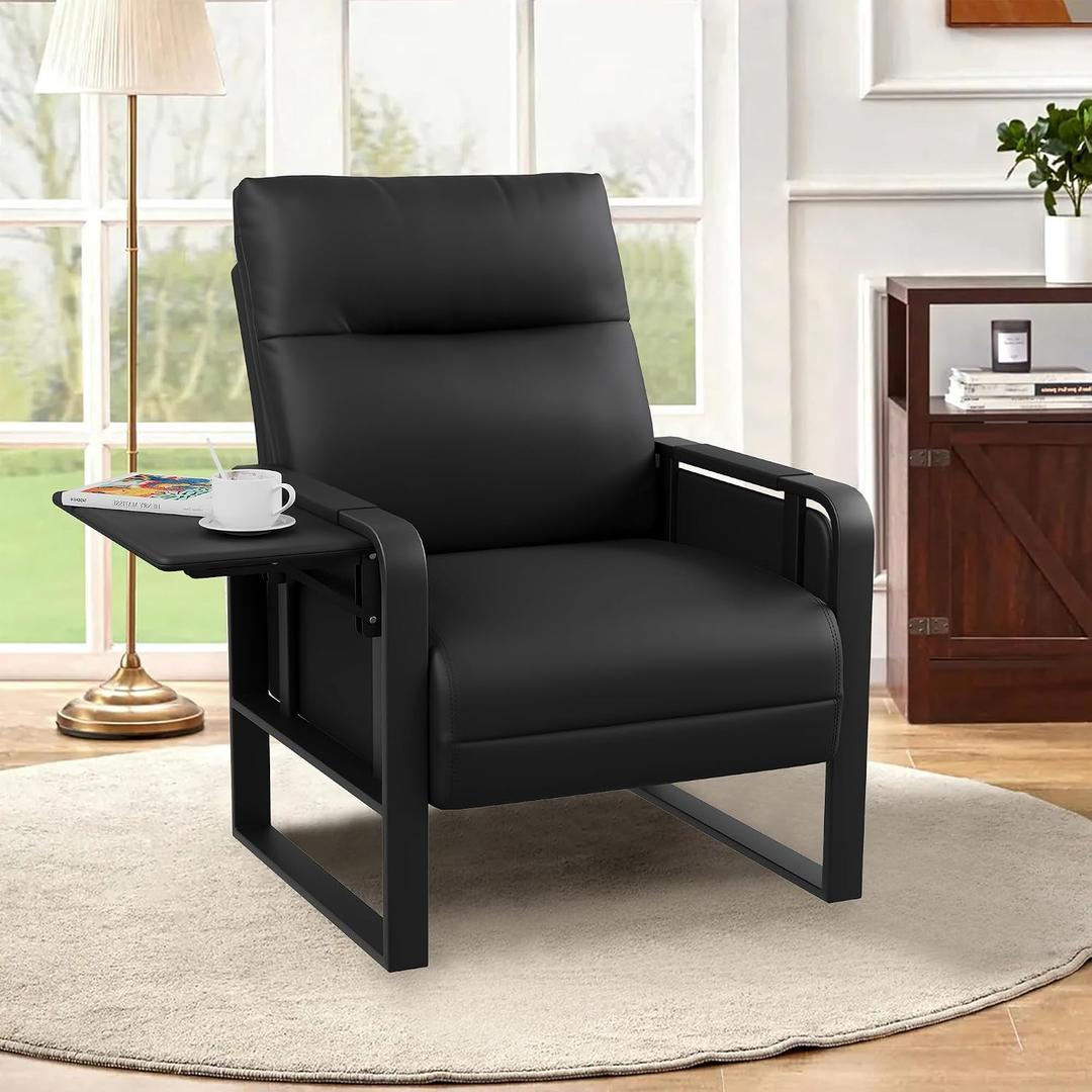 Modern Black Accent Chair PU Leather Upholstered Armchair with Foldable Side Table for Bedroom Living Room Chairs Office Chair, 26.2"wx30.3"dx37.6"h